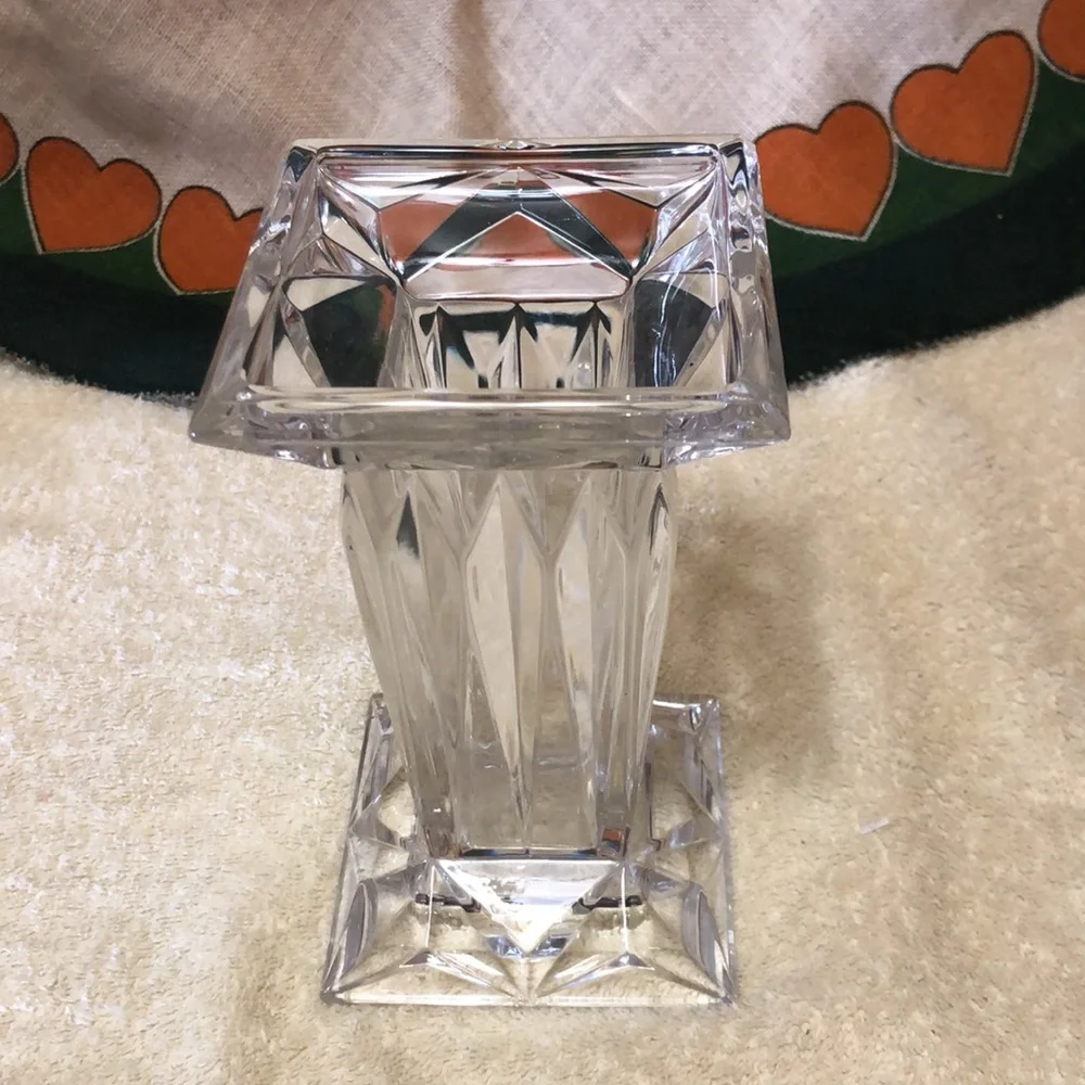 Vintage Heavy Cut Glass Pedestal Candle Holder/Vase, Reversible 7x4”